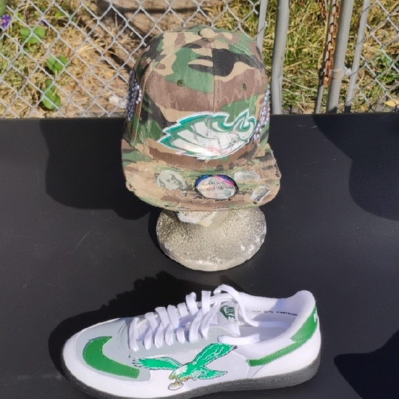 Camouflage Cap and White Sneakers with Green Accents